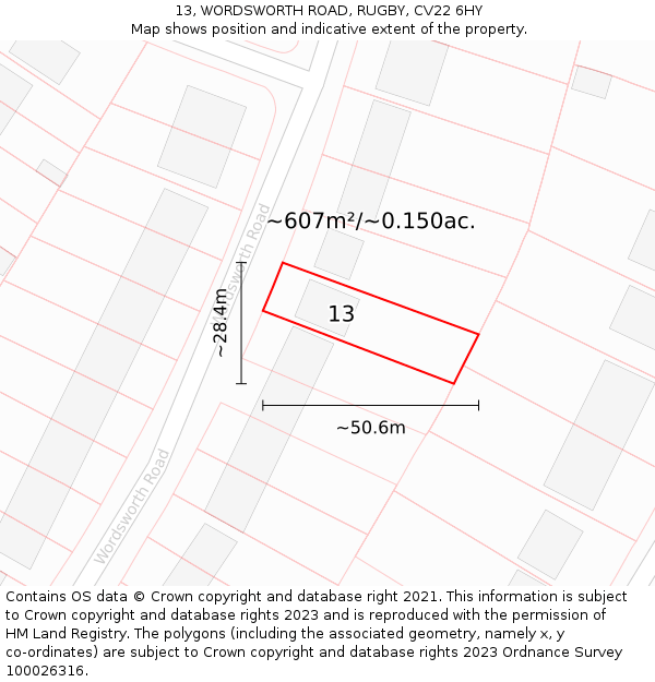 13, WORDSWORTH ROAD, RUGBY, CV22 6HY: Plot and title map