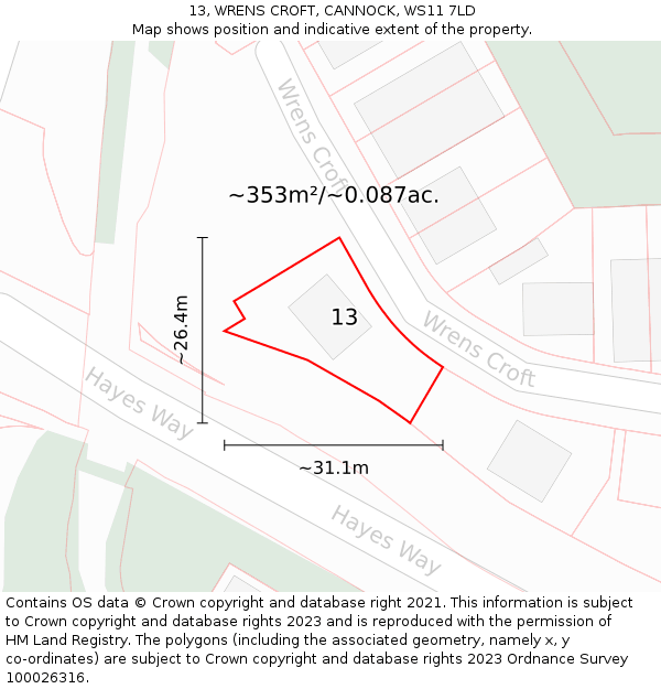 13, WRENS CROFT, CANNOCK, WS11 7LD: Plot and title map