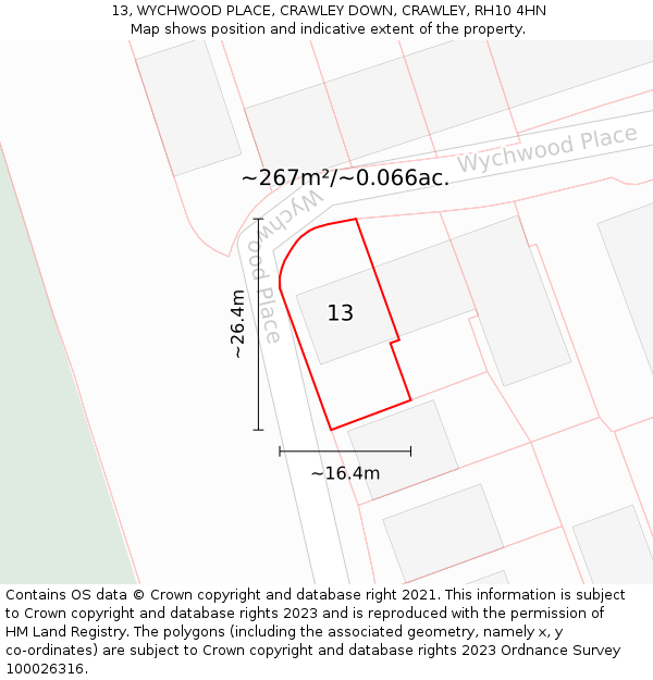 13, WYCHWOOD PLACE, CRAWLEY DOWN, CRAWLEY, RH10 4HN: Plot and title map