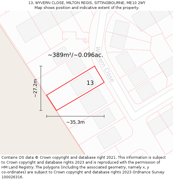 13, WYVERN CLOSE, MILTON REGIS, SITTINGBOURNE, ME10 2WY: Plot and title map