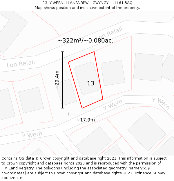 13, Y WERN, LLANFAIRPWLLGWYNGYLL, LL61 5AQ: Plot and title map