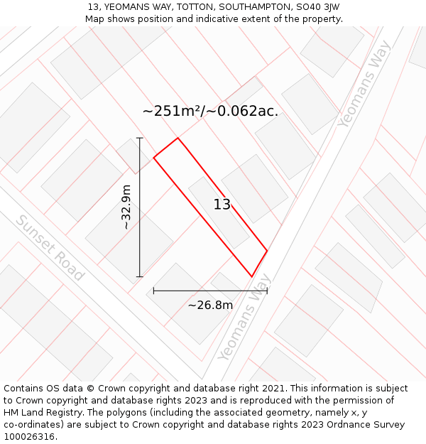 13, YEOMANS WAY, TOTTON, SOUTHAMPTON, SO40 3JW: Plot and title map