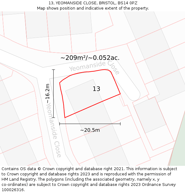 13, YEOMANSIDE CLOSE, BRISTOL, BS14 0PZ: Plot and title map