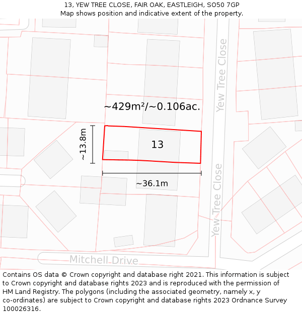 13, YEW TREE CLOSE, FAIR OAK, EASTLEIGH, SO50 7GP: Plot and title map