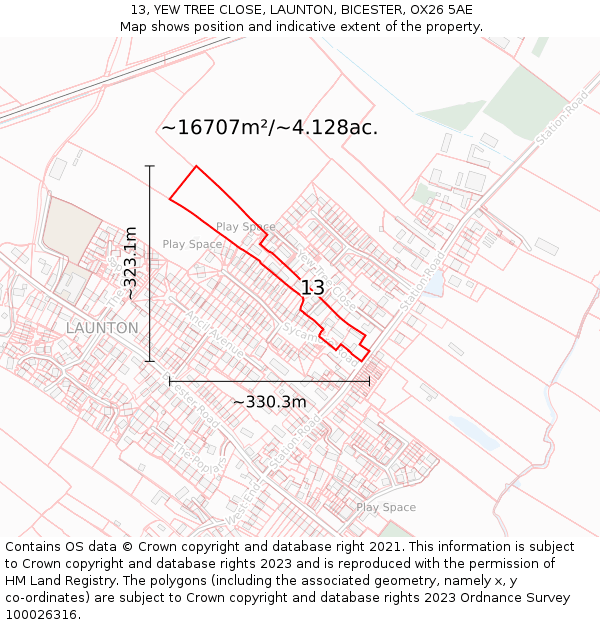 13, YEW TREE CLOSE, LAUNTON, BICESTER, OX26 5AE: Plot and title map