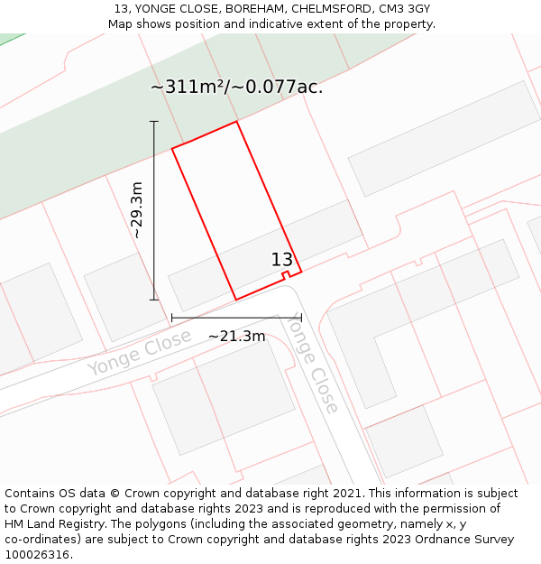 13, YONGE CLOSE, BOREHAM, CHELMSFORD, CM3 3GY: Plot and title map