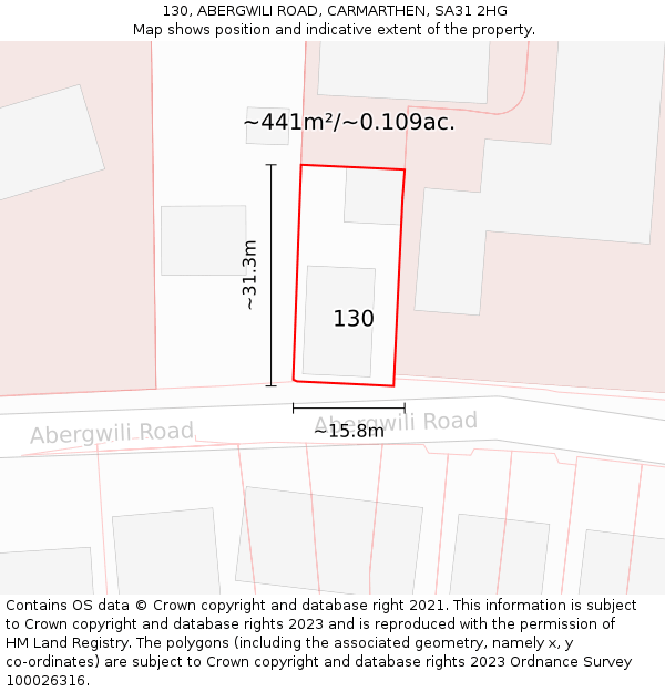 130, ABERGWILI ROAD, CARMARTHEN, SA31 2HG: Plot and title map