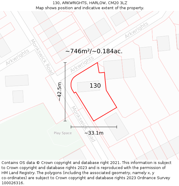 130, ARKWRIGHTS, HARLOW, CM20 3LZ: Plot and title map