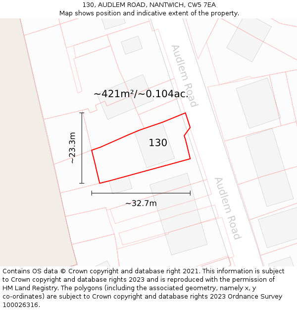 130, AUDLEM ROAD, NANTWICH, CW5 7EA: Plot and title map