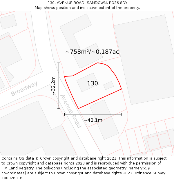 130, AVENUE ROAD, SANDOWN, PO36 8DY: Plot and title map