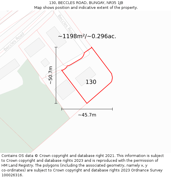 130, BECCLES ROAD, BUNGAY, NR35 1JB: Plot and title map