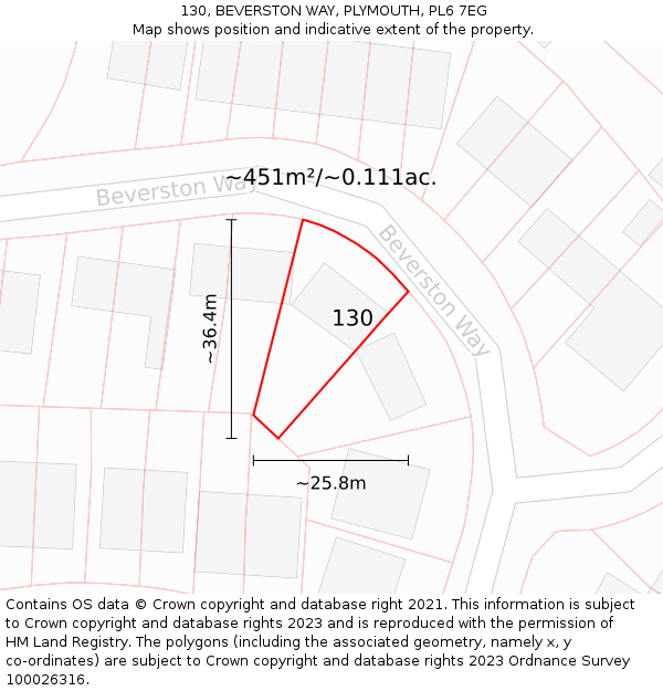 130, BEVERSTON WAY, PLYMOUTH, PL6 7EG: Plot and title map