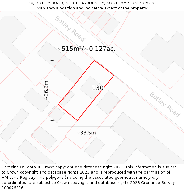 130, BOTLEY ROAD, NORTH BADDESLEY, SOUTHAMPTON, SO52 9EE: Plot and title map