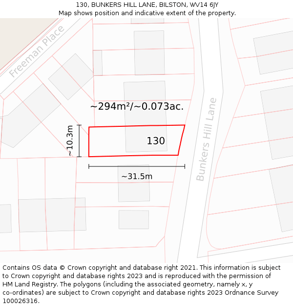 130, BUNKERS HILL LANE, BILSTON, WV14 6JY: Plot and title map