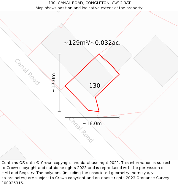 130, CANAL ROAD, CONGLETON, CW12 3AT: Plot and title map