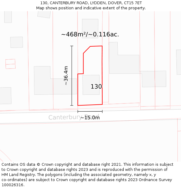 130, CANTERBURY ROAD, LYDDEN, DOVER, CT15 7ET: Plot and title map