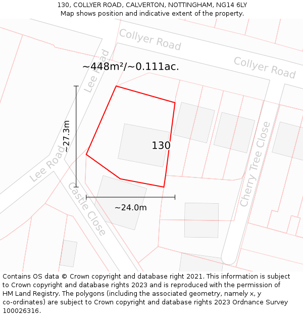 130, COLLYER ROAD, CALVERTON, NOTTINGHAM, NG14 6LY: Plot and title map