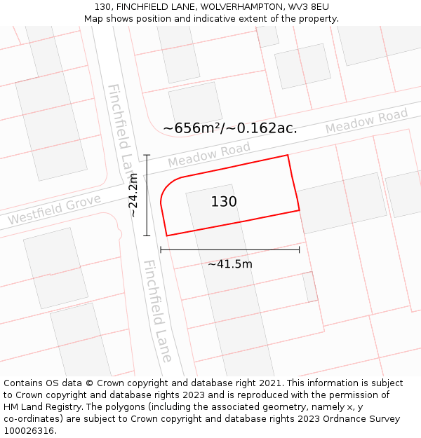 130, FINCHFIELD LANE, WOLVERHAMPTON, WV3 8EU: Plot and title map