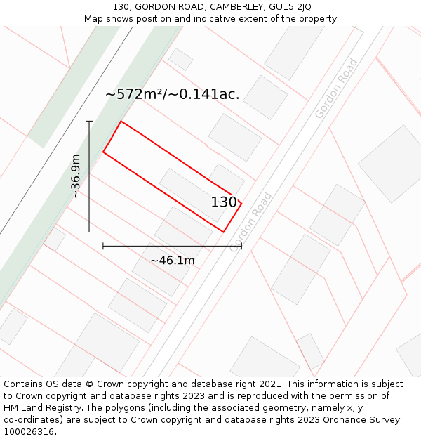130, GORDON ROAD, CAMBERLEY, GU15 2JQ: Plot and title map