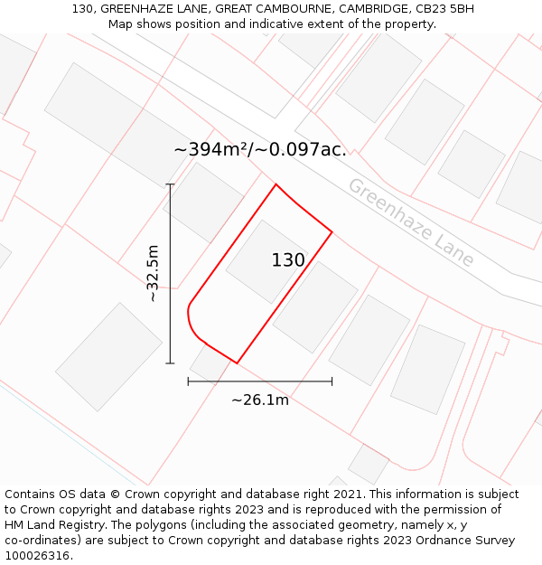 130, GREENHAZE LANE, GREAT CAMBOURNE, CAMBRIDGE, CB23 5BH: Plot and title map