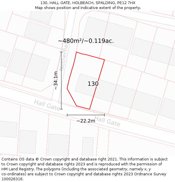 130, HALL GATE, HOLBEACH, SPALDING, PE12 7HX: Plot and title map