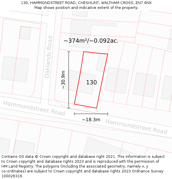 130, HAMMONDSTREET ROAD, CHESHUNT, WALTHAM CROSS, EN7 6NX: Plot and title map