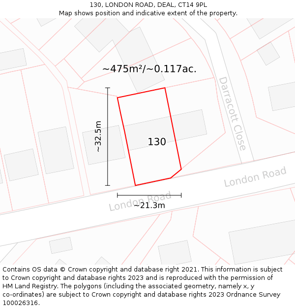 130, LONDON ROAD, DEAL, CT14 9PL: Plot and title map