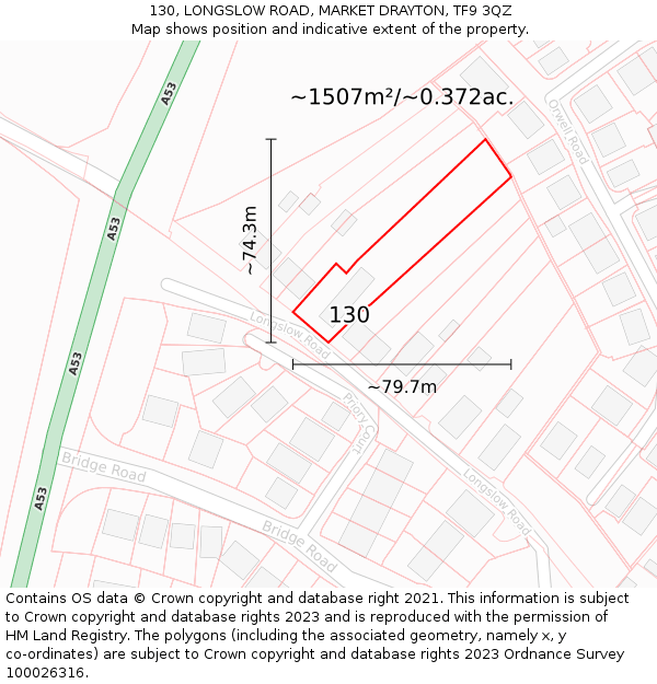 130, LONGSLOW ROAD, MARKET DRAYTON, TF9 3QZ: Plot and title map