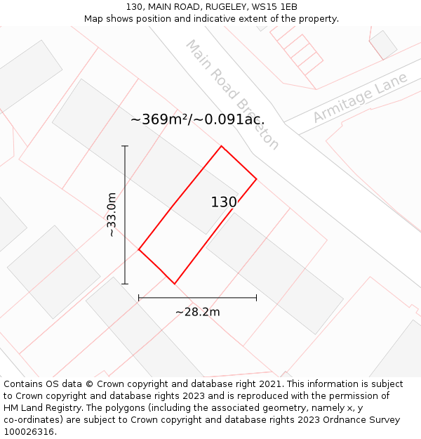 130, MAIN ROAD, RUGELEY, WS15 1EB: Plot and title map