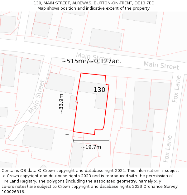 130, MAIN STREET, ALREWAS, BURTON-ON-TRENT, DE13 7ED: Plot and title map