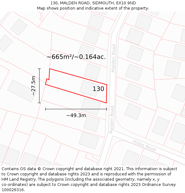 130, MALDEN ROAD, SIDMOUTH, EX10 9ND: Plot and title map