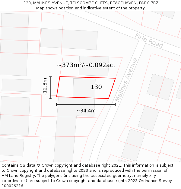 130, MALINES AVENUE, TELSCOMBE CLIFFS, PEACEHAVEN, BN10 7RZ: Plot and title map