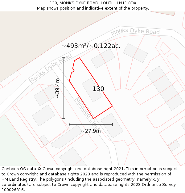 130, MONKS DYKE ROAD, LOUTH, LN11 8DX: Plot and title map