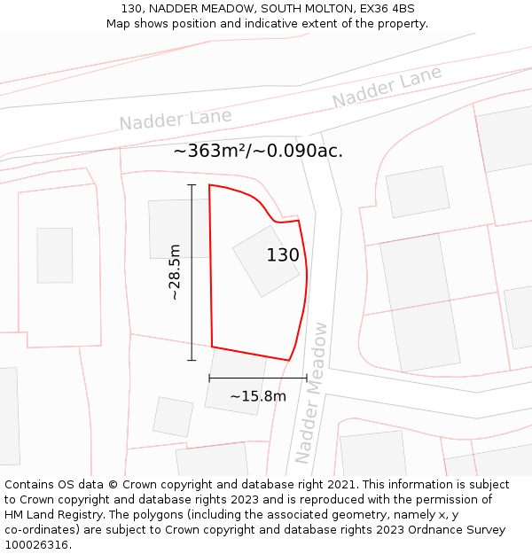 130, NADDER MEADOW, SOUTH MOLTON, EX36 4BS: Plot and title map