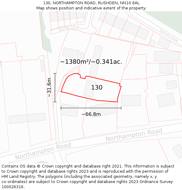 130, NORTHAMPTON ROAD, RUSHDEN, NN10 6AL: Plot and title map