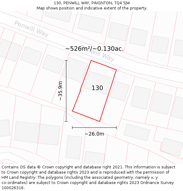130, PENWILL WAY, PAIGNTON, TQ4 5JW: Plot and title map