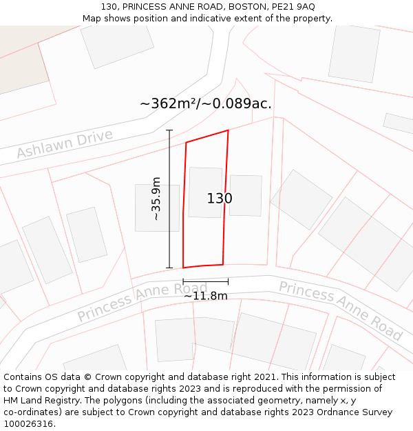 130, PRINCESS ANNE ROAD, BOSTON, PE21 9AQ: Plot and title map