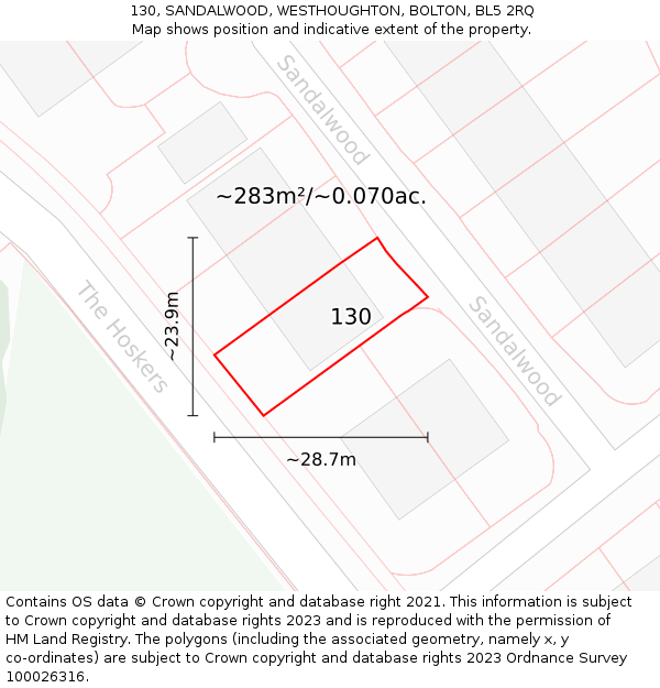 130, SANDALWOOD, WESTHOUGHTON, BOLTON, BL5 2RQ: Plot and title map