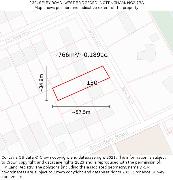 130, SELBY ROAD, WEST BRIDGFORD, NOTTINGHAM, NG2 7BA: Plot and title map