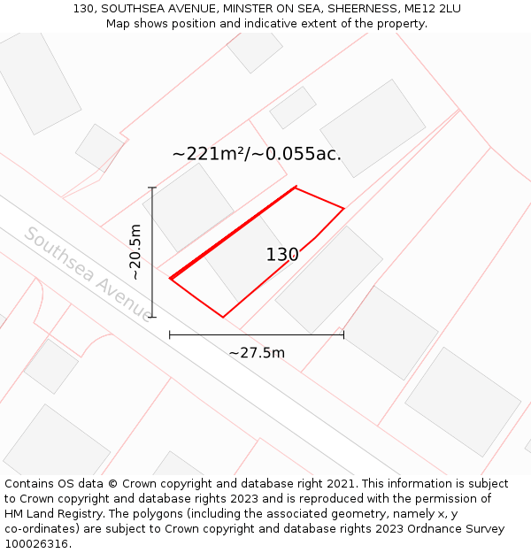 130, SOUTHSEA AVENUE, MINSTER ON SEA, SHEERNESS, ME12 2LU: Plot and title map
