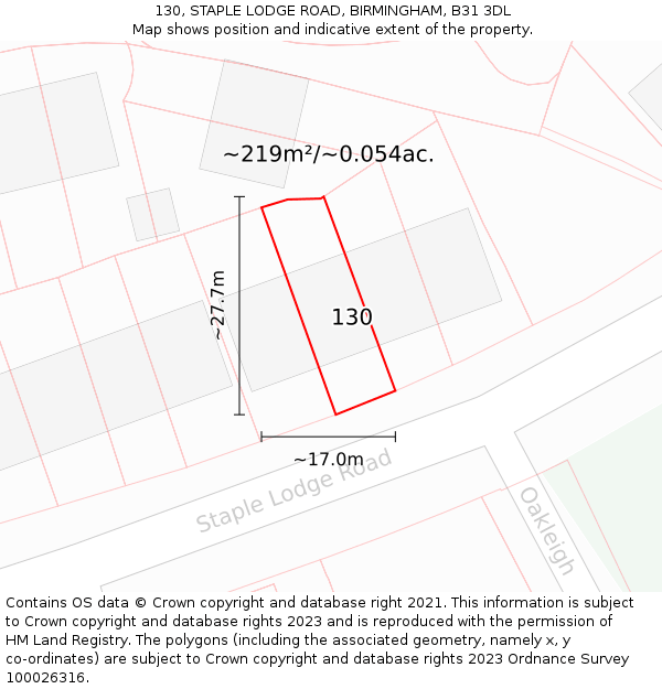 130, STAPLE LODGE ROAD, BIRMINGHAM, B31 3DL: Plot and title map