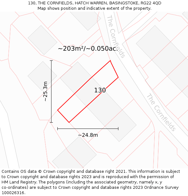 130, THE CORNFIELDS, HATCH WARREN, BASINGSTOKE, RG22 4QD: Plot and title map