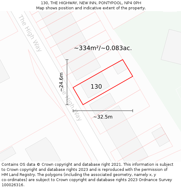 130, THE HIGHWAY, NEW INN, PONTYPOOL, NP4 0PH: Plot and title map