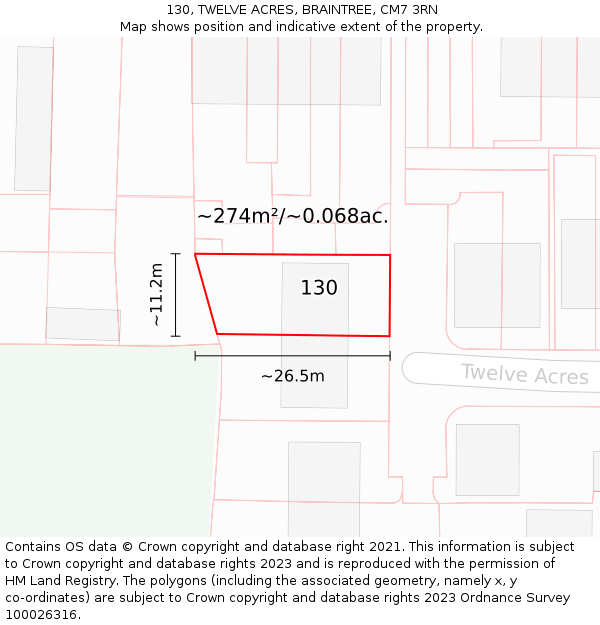 130, TWELVE ACRES, BRAINTREE, CM7 3RN: Plot and title map