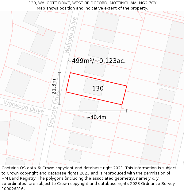 130, WALCOTE DRIVE, WEST BRIDGFORD, NOTTINGHAM, NG2 7GY: Plot and title map