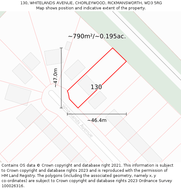 130, WHITELANDS AVENUE, CHORLEYWOOD, RICKMANSWORTH, WD3 5RG: Plot and title map