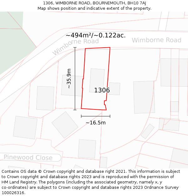 1306, WIMBORNE ROAD, BOURNEMOUTH, BH10 7AJ: Plot and title map