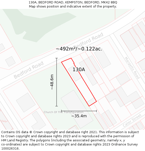 130A, BEDFORD ROAD, KEMPSTON, BEDFORD, MK42 8BQ: Plot and title map