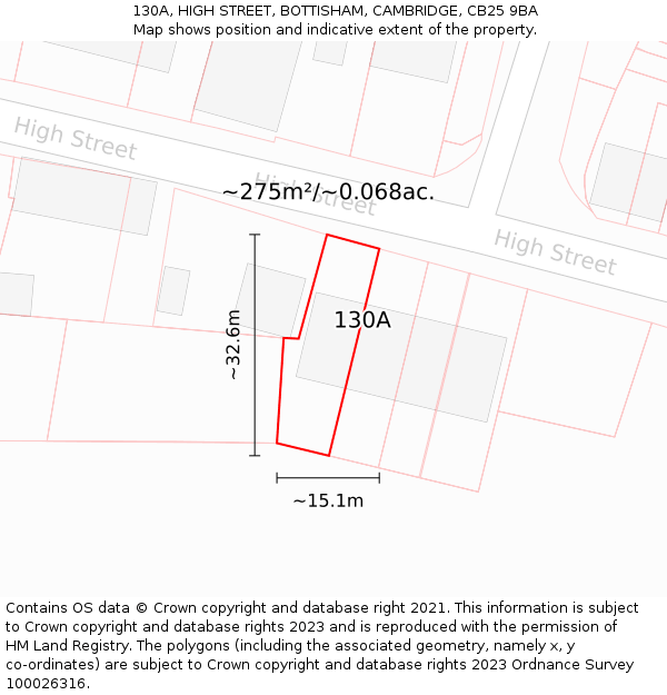 130A, HIGH STREET, BOTTISHAM, CAMBRIDGE, CB25 9BA: Plot and title map