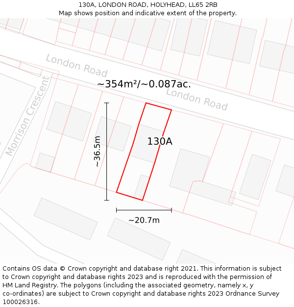 130A, LONDON ROAD, HOLYHEAD, LL65 2RB: Plot and title map